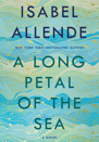 Abstract cover of “A Long Petal of the Sea” by Isabel Allende, in teal and gold tones.