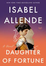 Cover of “Daughter of Fortune” by Isabel Allende, with a painted woman on a sunset background.