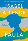 Minimalist cover of “Paula” by Isabel Allende, with a blue silhouette and bold color stripes.