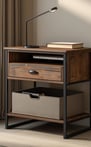 Rustic brown nightstand with one drawer, open shelves, and a black metal frame