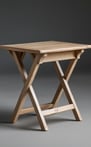A light brown foldable wooden side table stands against a grey background.