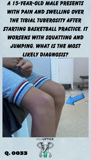 a blue arrow pointing to the knee of a patient with swelling over a tibial tuberosity 