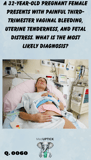 a woman lying in a hospital bed rubbing her pregnancy belly in pain