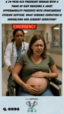 a pregnant woman being wheeled into the emergency room by a medical professional holding her stomach