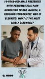 a young African American adult male with lower right abdominal pain being examined by a male doctor