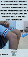 a blue arrow pointing to the knee of a patient with swelling over a tibial tuberosity 