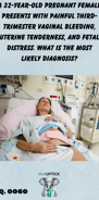 a woman lying in a hospital bed rubbing her pregnancy belly in pain