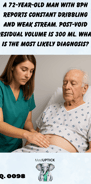 a female medical practitioner performing.a lower abdominal examination on an elderly male