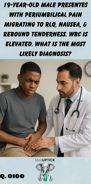 a young African American adult male with lower right abdominal pain being examined by a male doctor