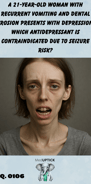 a thin woman who appears older and thinner than normal for her age with decaying teeth