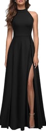 a woman wearing a black dress with a high neckline and a high slited