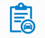 Icono azul de checklist con coche, revisión pre-compra de vehículos.