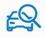 Icono azul de coche con lupa, peritaje técnico de vehículos.