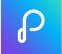 a white and blue logo with a headphone