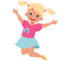 Colorful, smiling cartoon girl jumping and celebrating