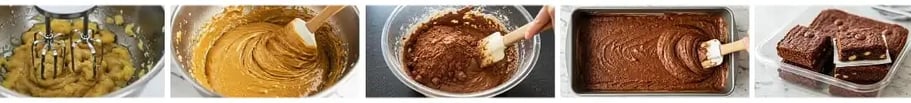 Making peanut butter protein brownies, from mixing to baking and storing.