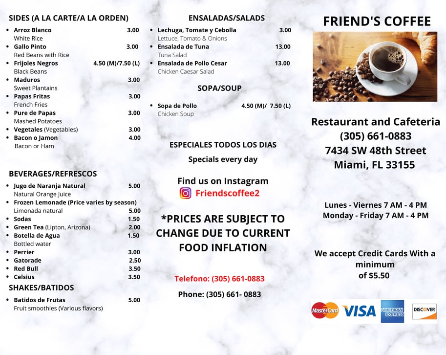 Friend's Coffee menu page 1