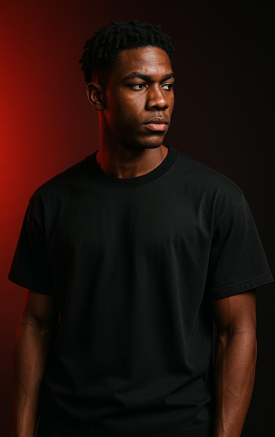 a man in a black shirt and a red background