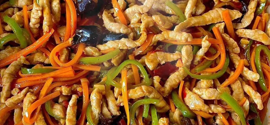a bowl of food with Sichuan-style Fish-Fragrant Shredded Pork