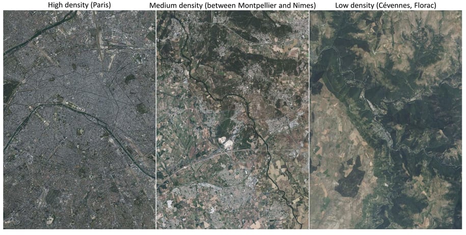 Photos illustrating variations in population density in France