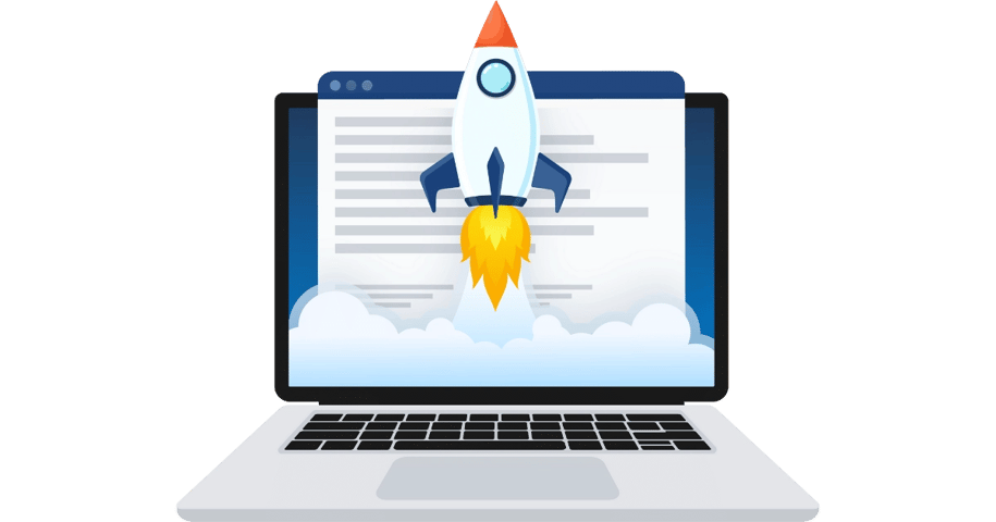Illustration of a laptop with a rocket launching from the screen, symbolizing rapid growth