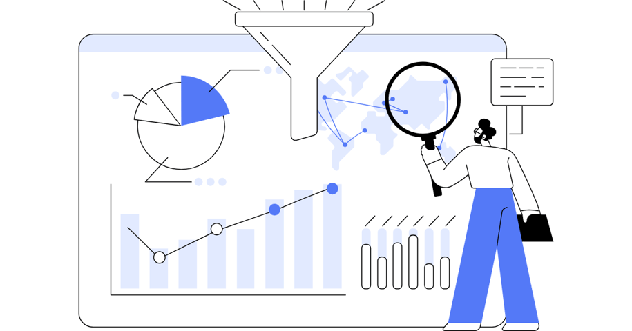 Illustration of data analysis and funneling process, featuring a person examining charts and graphs