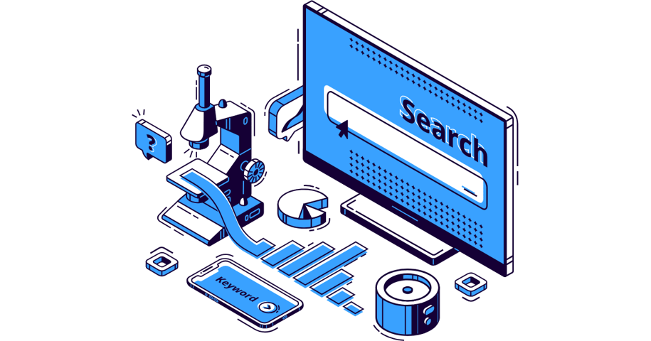 Illustration of SEO tools and elements, including a microscope, charts, and a search bar