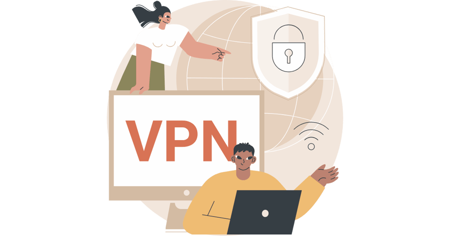 Illustration of a person using a laptop with VPN protection, featuring a lock icon and a shield