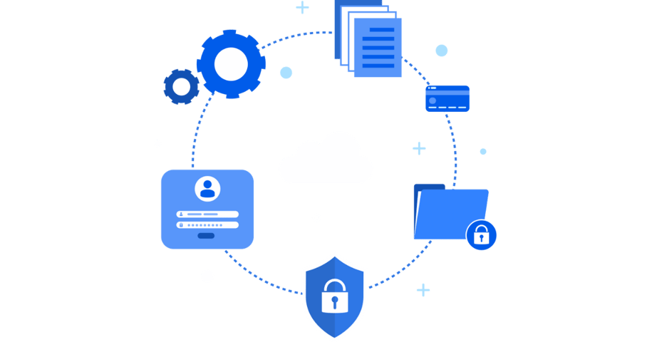 Illustration depicting cloud security and data protection with icons representing files