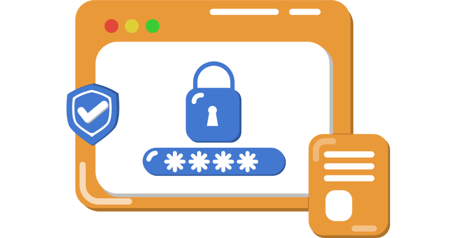 Illustration of a secure login screen with a password field, padlock icon, and shield symbol