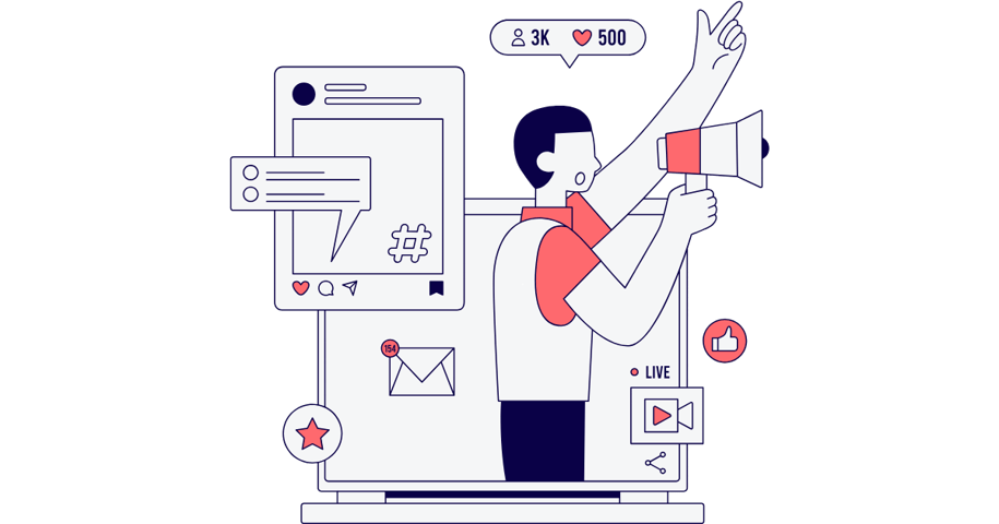 Illustration of a digital marketer with a megaphone emerging from a laptop screen, social media icon