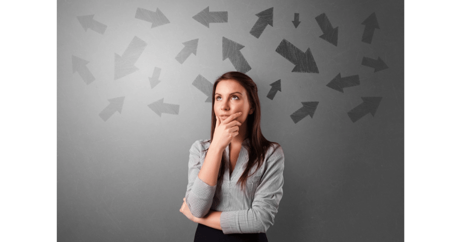 Woman thinking with multiple arrows pointing in different directions, representing decision-making