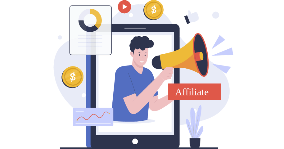 Affiliate marketing illustration with a person holding a megaphone, financial charts, and coins