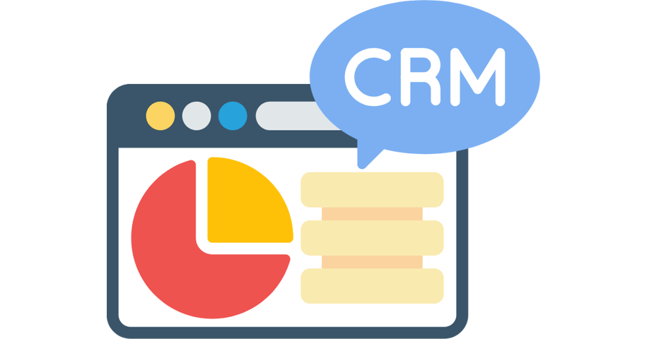 Graphic of a CRM software interface with a pie chart and data columns