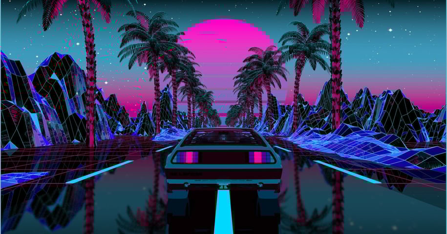 a car driving through a desert landscape with palm trees