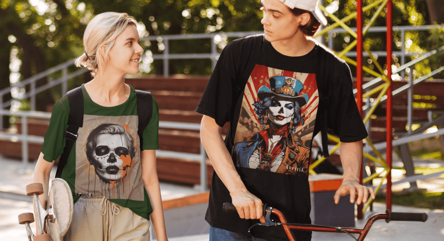 Modelo vestindo camiseta estampada com design de caveira da Cavérik.