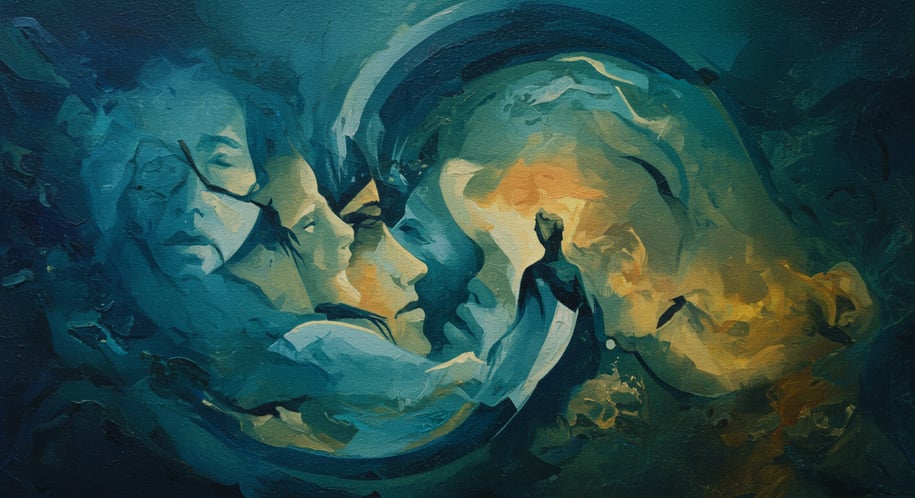una pintura abstracta al óleo con varios rostros y la silueta de un hombre en tonos azules y ocres