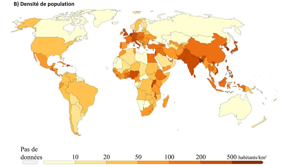 Carte de la densité de population par pays dans le monde