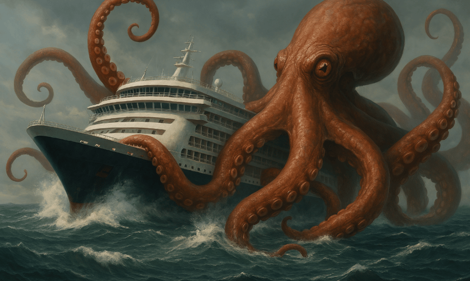 Pieuvre géante qui attaque un bateau pour journée mondiale de la science fiction.