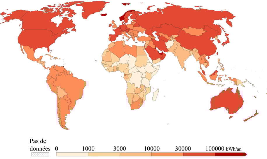 Carte mondiale de la consommation d'énergie par habitant et par pays