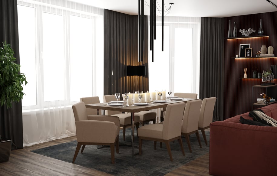 a dining room table with a table set for four