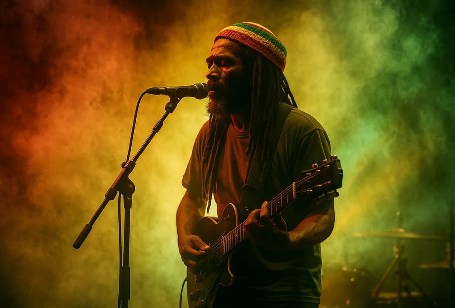 Chanteur sur scène à un concert de reggae pour la journée mondiale du reggae.