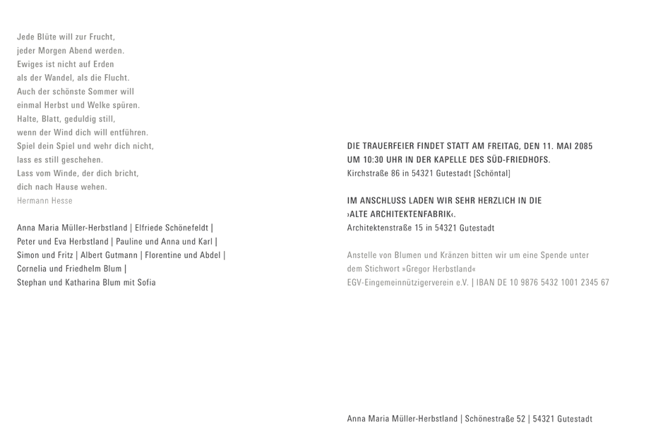 Trauerkartenrückseite mit Textbeispiel aus der Natura-Edition