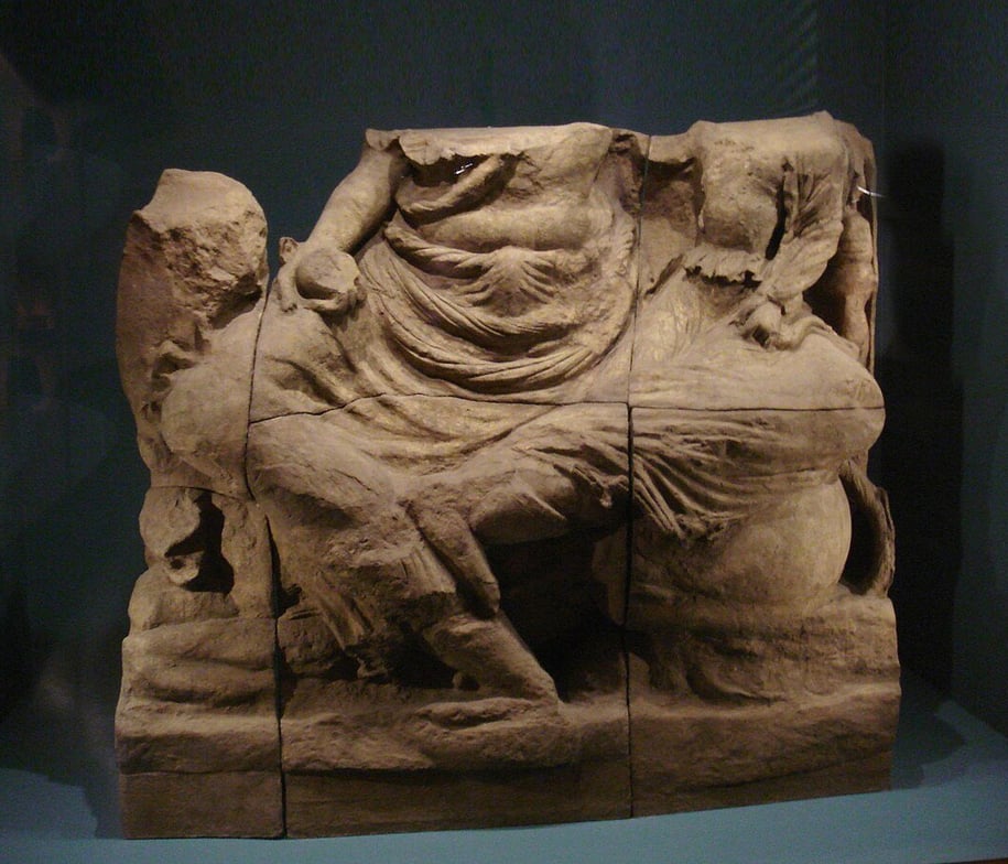 Beheaded Murti of Shiva and Uma, found buried underneath Penjikent Mosque.
