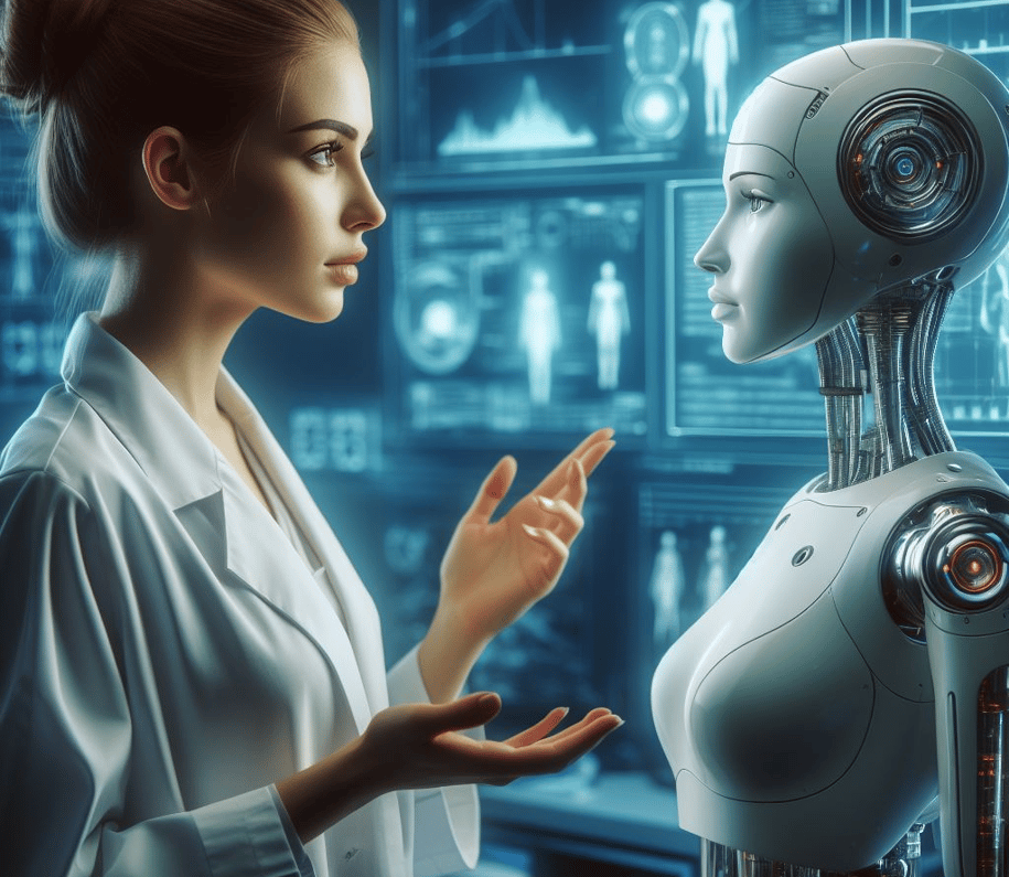 a woman in a lab coat standing explaining to a robot