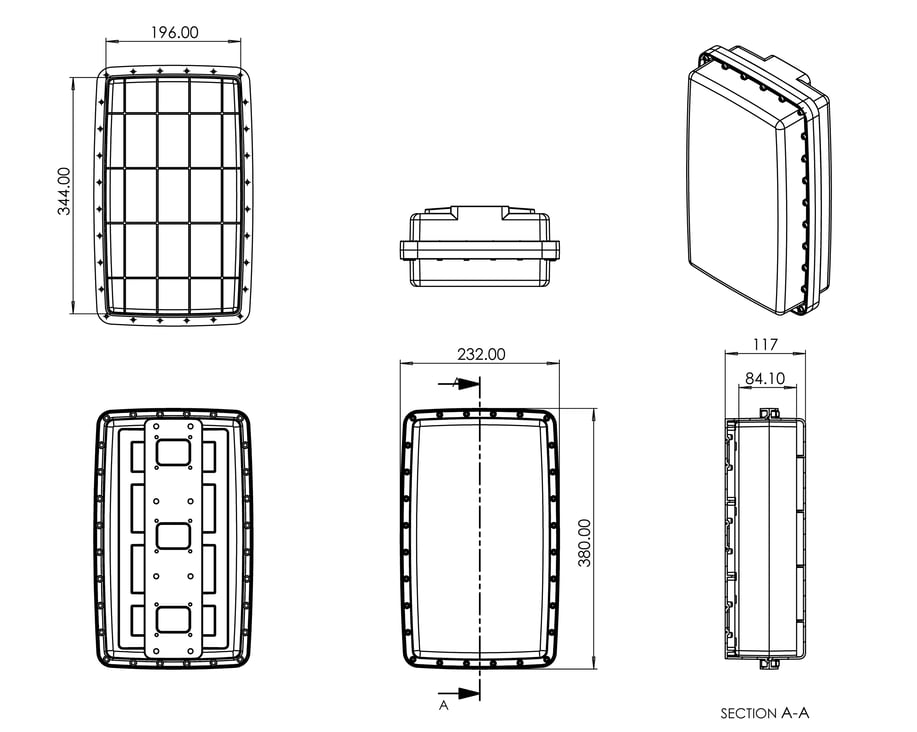 Technical drawing of Plasdev electronic enclosure showing sizes