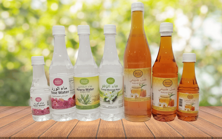 Made in Bahrain by Albaraka factory, Al raheeq rose water, orange blossom water, kewra water, Honey