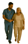 A healthcare worker in blue scrubs assists an elderly woman in beige clothing as they walk together,
