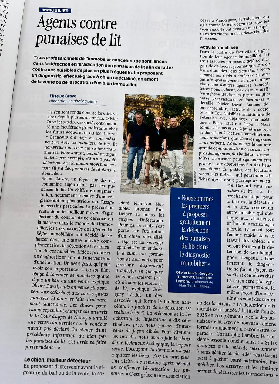 Flair'Tou nuisibles - Détection canine - Nancy - Article La Semaine