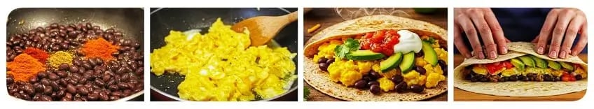 The image shows the process of making a wrap with seasoned black beans, scrambled eggs, and fresh toppings like avocado and s